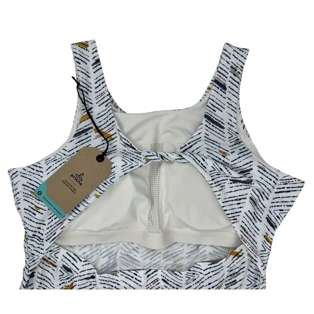 NEW PrAna Skypath‎ Dress XL White w/Multicolor Pattern Knit Sleeveless Shelf Bra